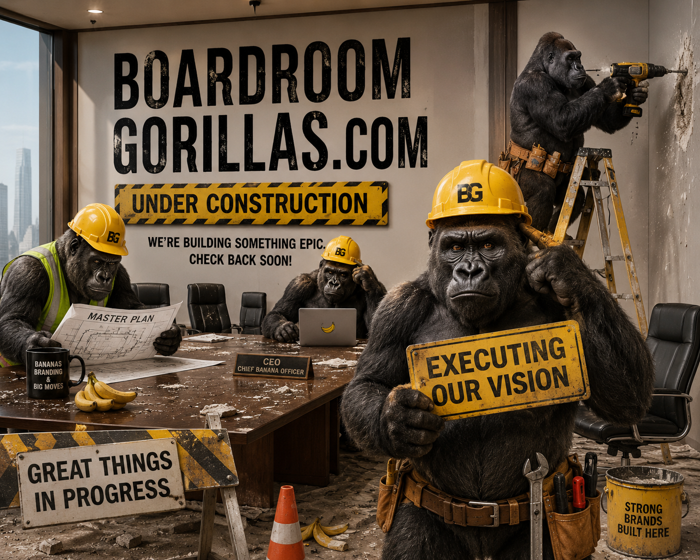Boardroomgorillas.com under construction — gorillas in hard hats building a boardroom